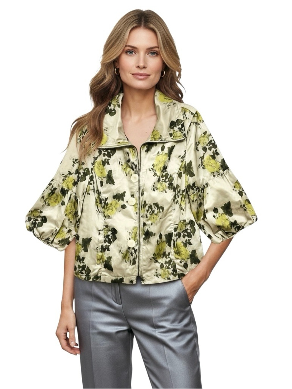 Tribal Jacket Satin Tropical Floral Print Balloon Sleeve Full/Zip Pocket NWOT